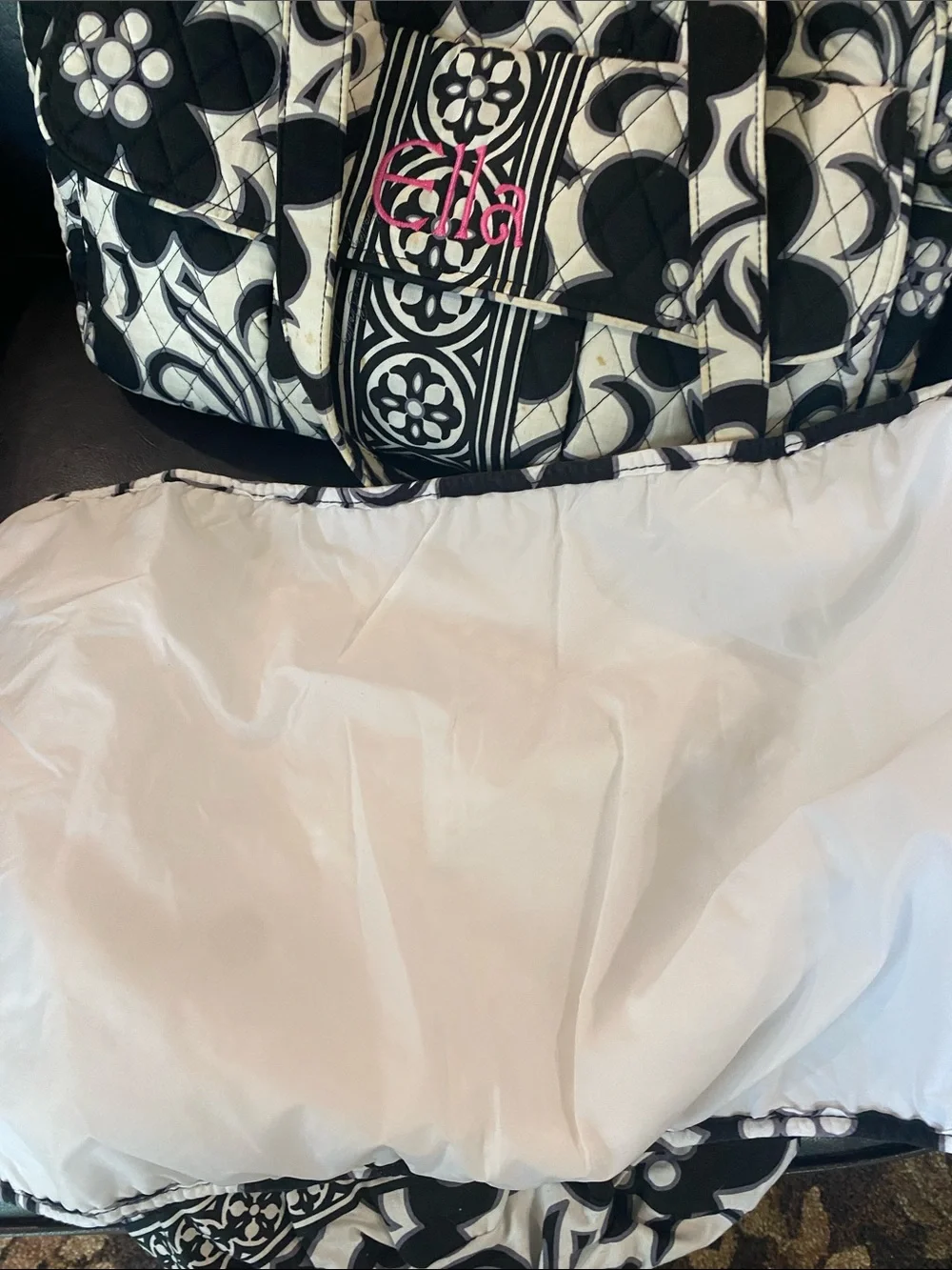 Vera Bradley Black & White Quilted Floral Tote with Pink Monogram
